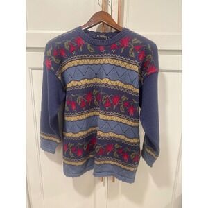 Acorn Vintage Floral Knit Sweater Great Britain Blue Red Gold Large cottagecore